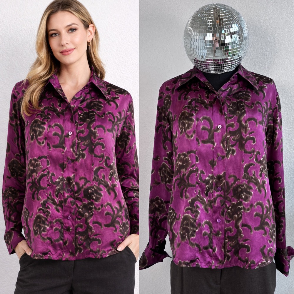 Linda Allard Ellen Tracy 100% Silk Ikat Scroll Blouse Size 12, Purple Office